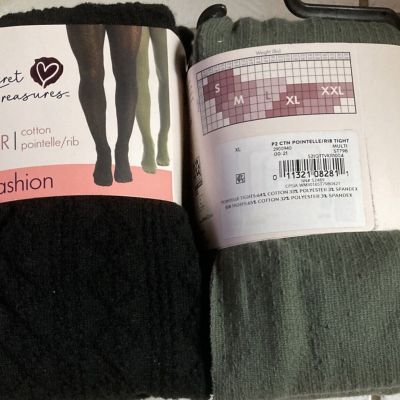 SECRET TREASURES - NEW - XL - 2 PAIR PACK BLACK & OLIVE COTTON FASHION TIGHTS